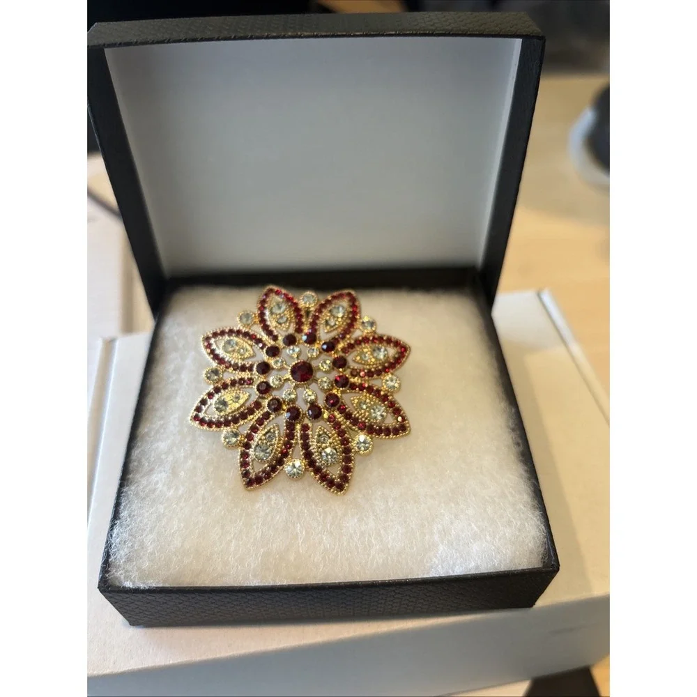 Monet Poinsettia Vintage Red And Clear Rhinestone Floral Print Gold Tone